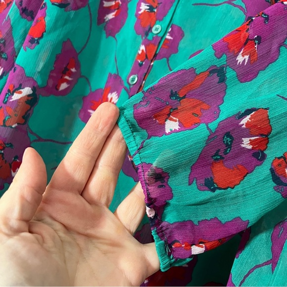 Modcloth Vibrant L Floral Blouse Teal, Purple, Red Peter Pan Collar Cottagecore - Picture 4 of 11